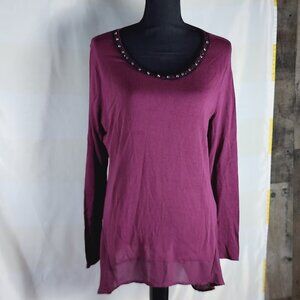 Simply Vera Vera Wang Maroon LS Mixed Knit Woven Crystal Bead Neck Blouse Sz PXL